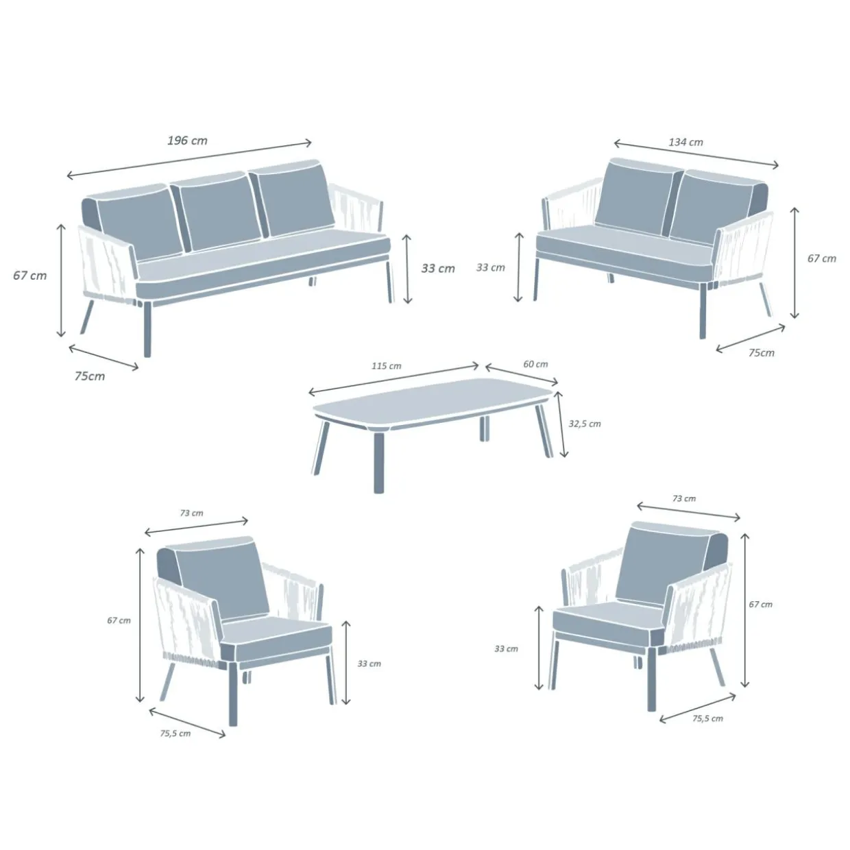 Salon de jardin en aluminium 7 places 5 pcs Amalfi Gris anthracite et gris clair