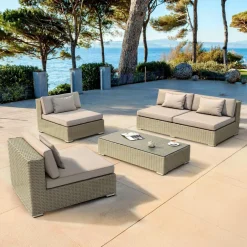 Salon de jardin en résine tressée 4 places 4 pcs Palma Gris et taupe