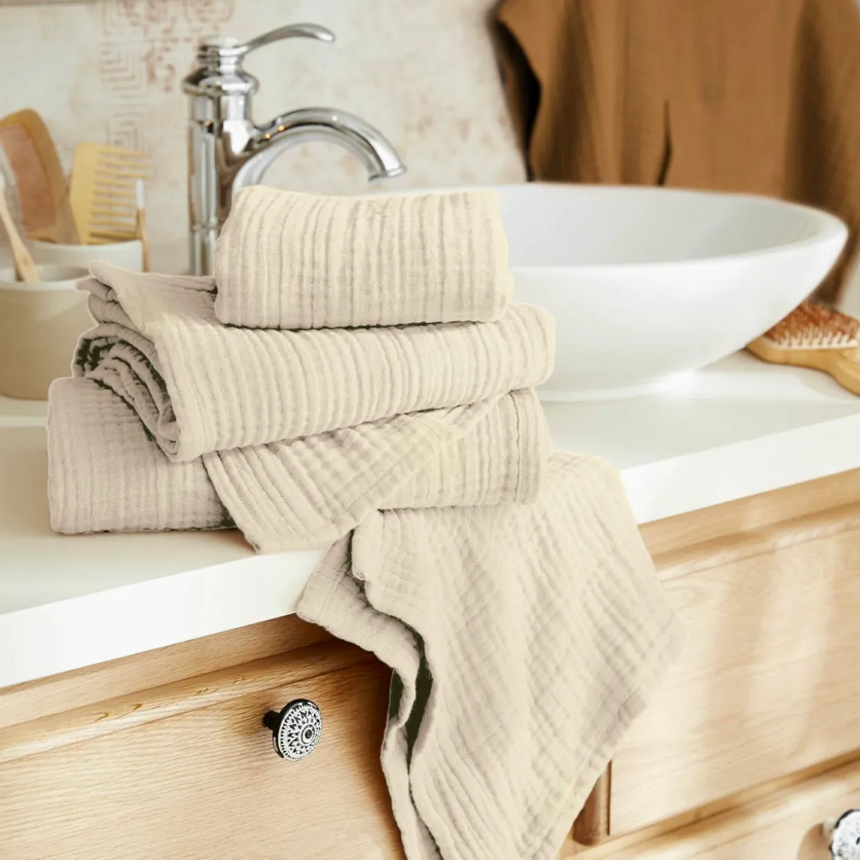 Serviette de bain gaze de coton (90 x 150 cm) Gaïa Beige pampa