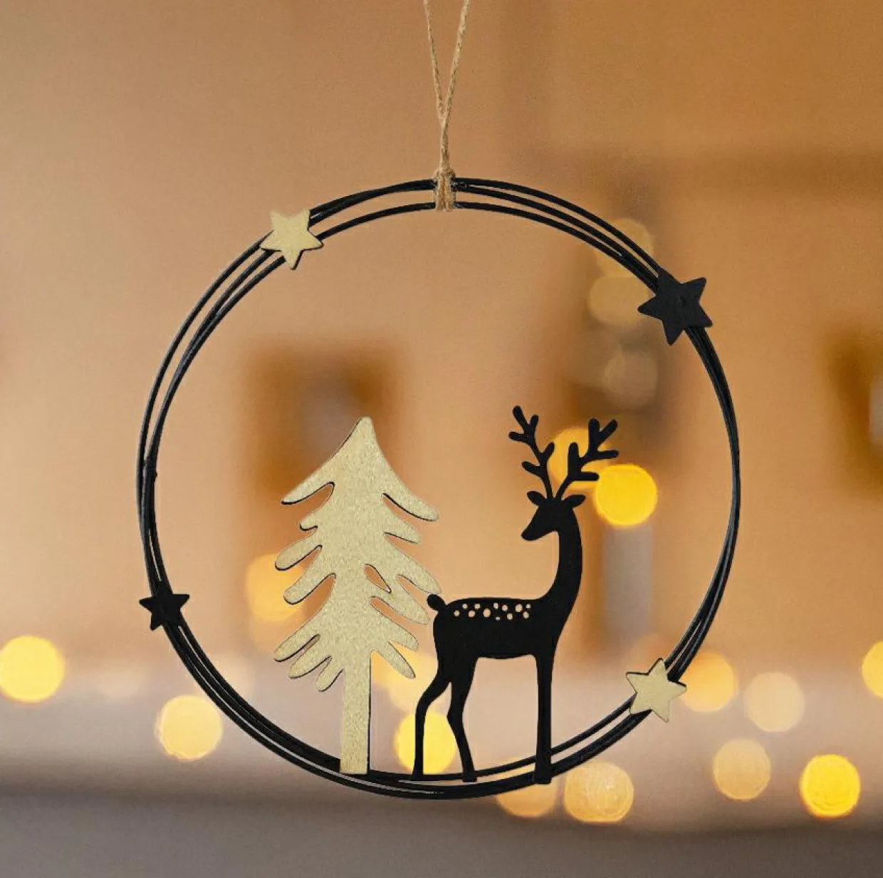 Suspension de Noël en métal (D18 cm) Renne chic Noir et doré