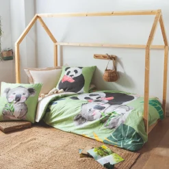 Taie d'oreiller carrée enfant percale de coton ( 65 x 65 cm) Panda Verte