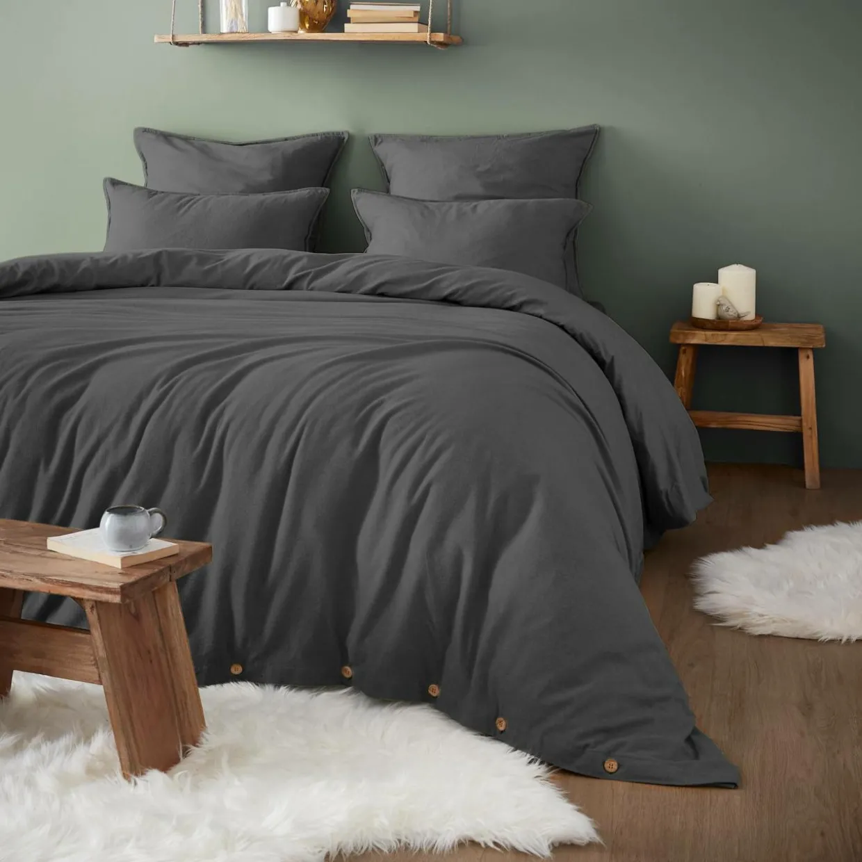 Taie d'oreiller carrée flanelle de coton (63 x 63 cm) Nina Gris anthracite