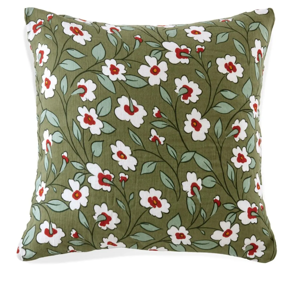 Taie d'oreiller carrée gaze de coton (60 x 60 cm) Gaïa marguerite Vert romarin