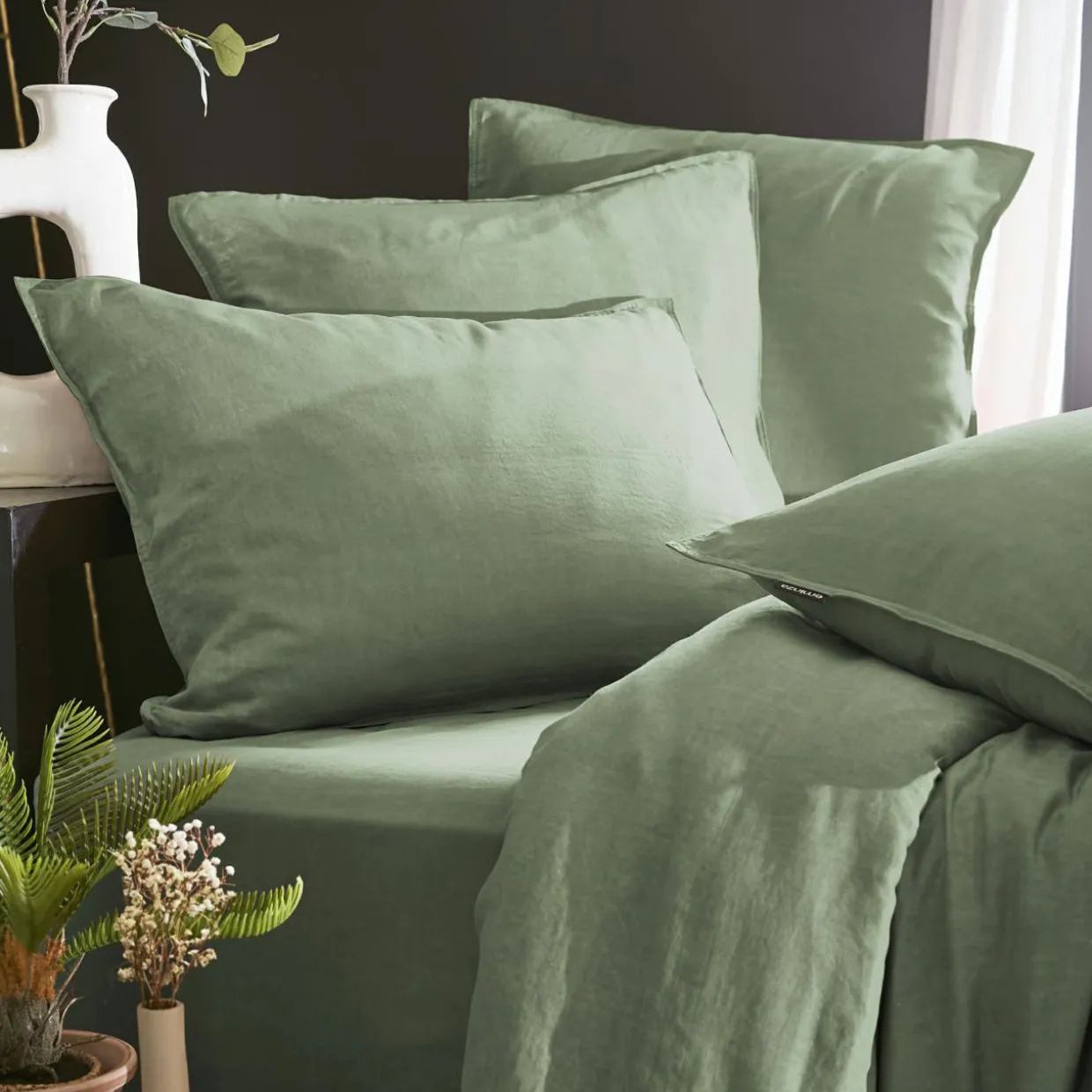 Taie d'oreiller carrée lyocell Tencel™ lavé (63 x 63 cm) Olivia Vert romarin