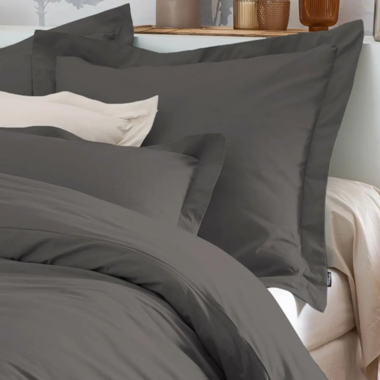 Taie d'oreiller rectangulaire percale de coton (80 cm) Cali Gris anthracite