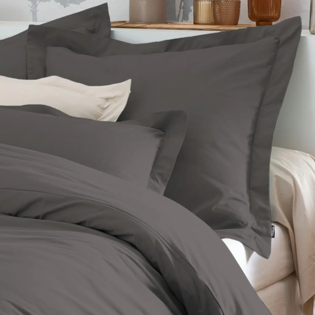 Taie d'oreiller rectangulaire percale de coton (50 x 70 cm) Cali Gris anthracite
