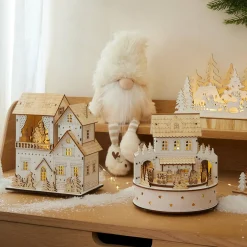 Village de Noël en bois lumineux et musical à piles (H19 cm) Maison de famille