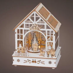 Village de Noël en bois lumineux, musical et animé à piles (18 x 24 cm) Jardin d’hiver