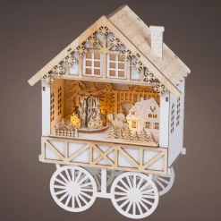 Village de Noël en bois lumineux musical et animé à piles (H27 cm) Charriot festif