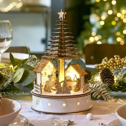 Village de Noël en bois lumineux et musical à piles (H25 cm) Sapin de Noël