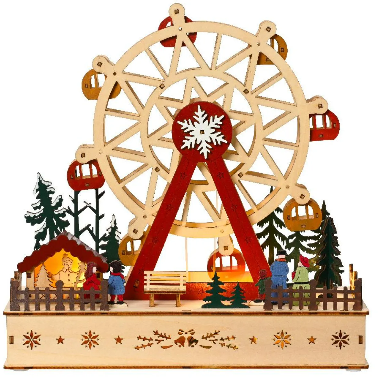 Village de Noël en bois lumineux et musical à piles (28 x H28 cm) Grande roue Colorée